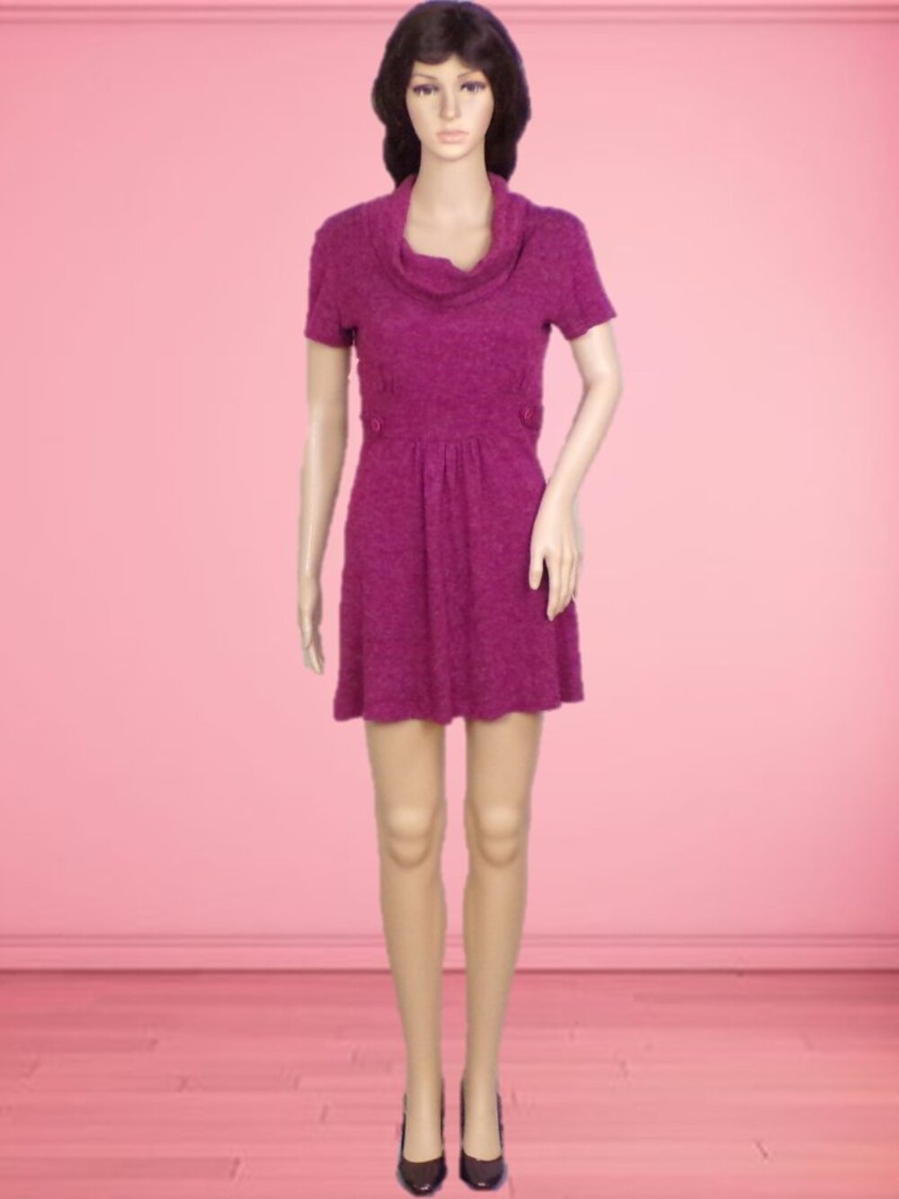 DELIRIOUS size M burgundy short-sleeve cowl-neck fit/flare mini dress hand wash